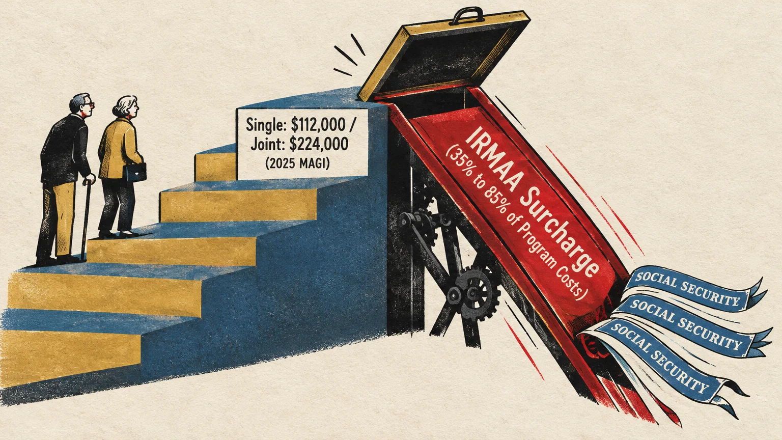 Older couple climbing stairs toward an open trapdoor labeled IRMAA Surcharge that feeds into Social Security ribbons.
