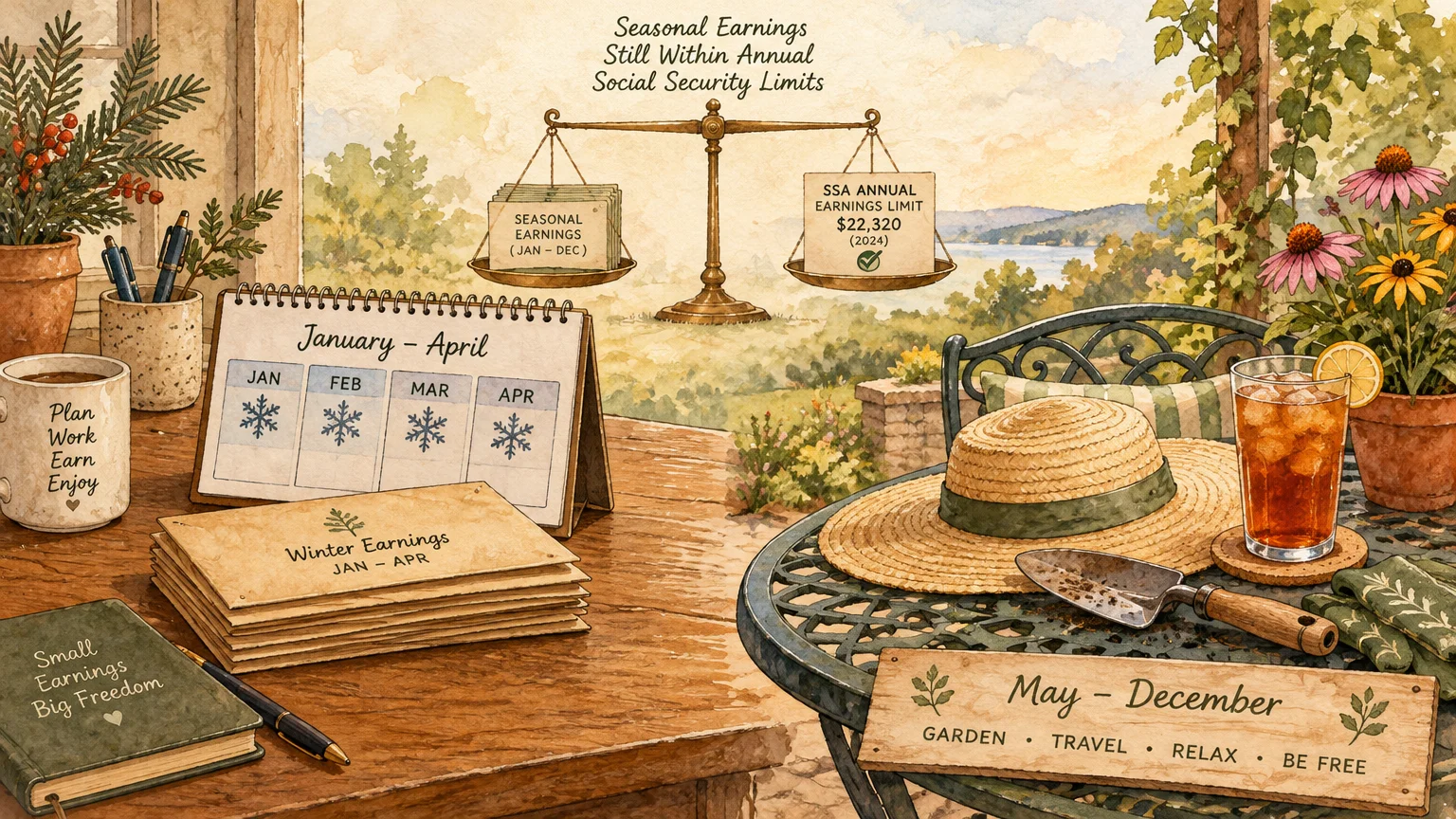 Watercolor illustration of a desk with a January to April calendar, balancing scales, and a summer patio scene.