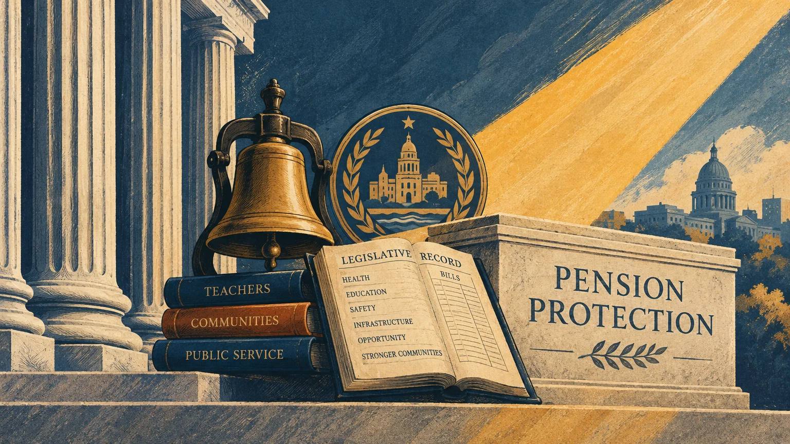 Bronze bell, books, and an open legislative record beside a stone block inscribed Pension Protection near pillars.