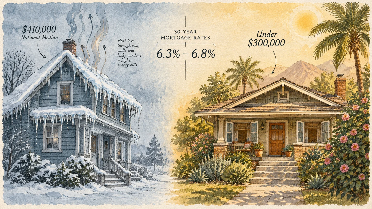 Split watercolor illustration of an icy home in snow beside a sunny bungalow with palm trees and flowering shrubs.