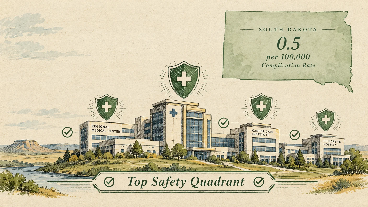 Illustration of hospital buildings alongside a map of South Dakota highlighting a 0.5 complication rate statistic.