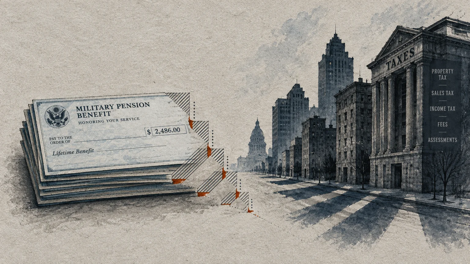 Illustration of a military pension check beside a city street leading to a classical building inscribed with taxes.