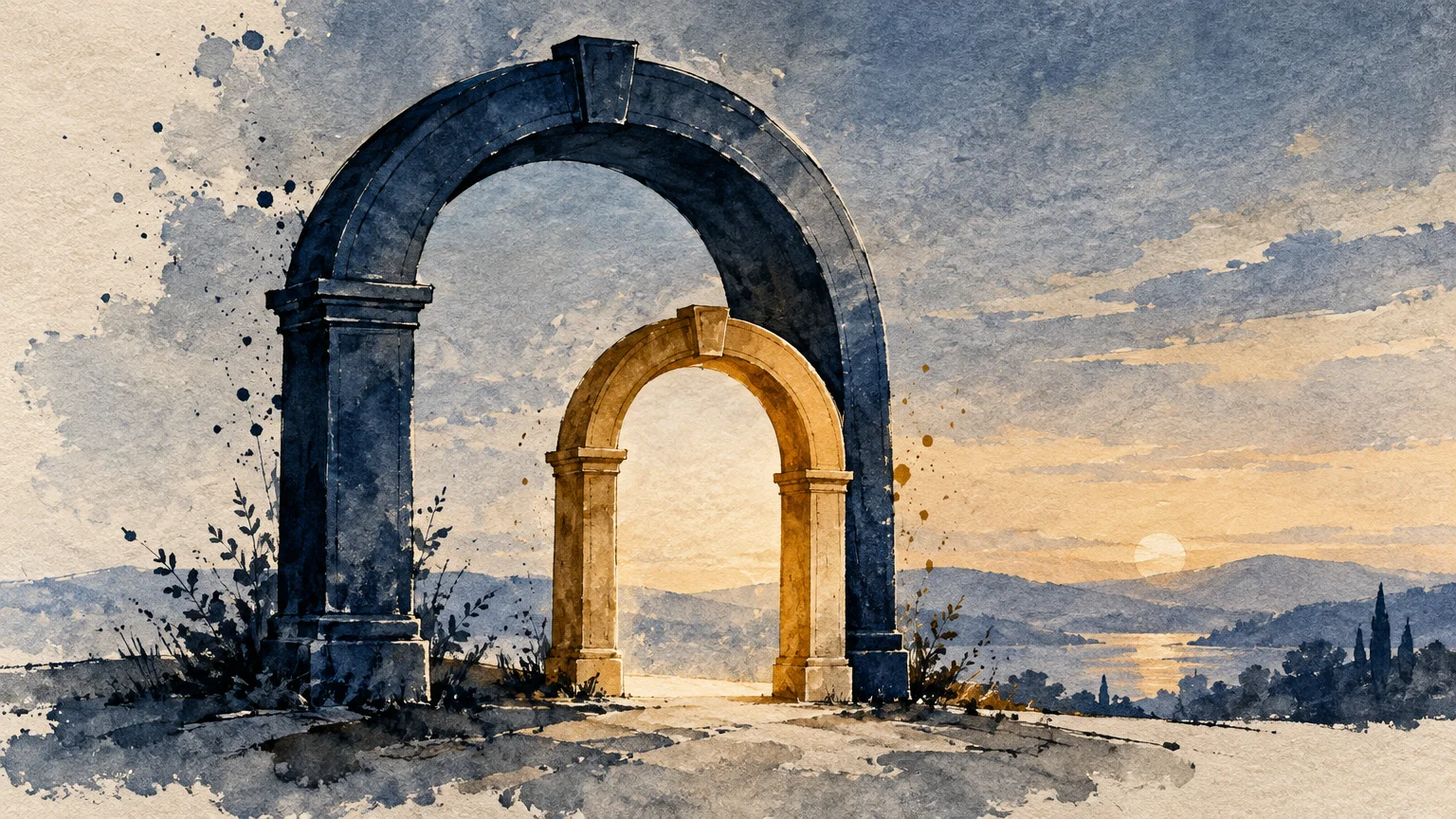 Watercolor illustration of two stone archways framing a sunset over a distant lake and rolling hills.
