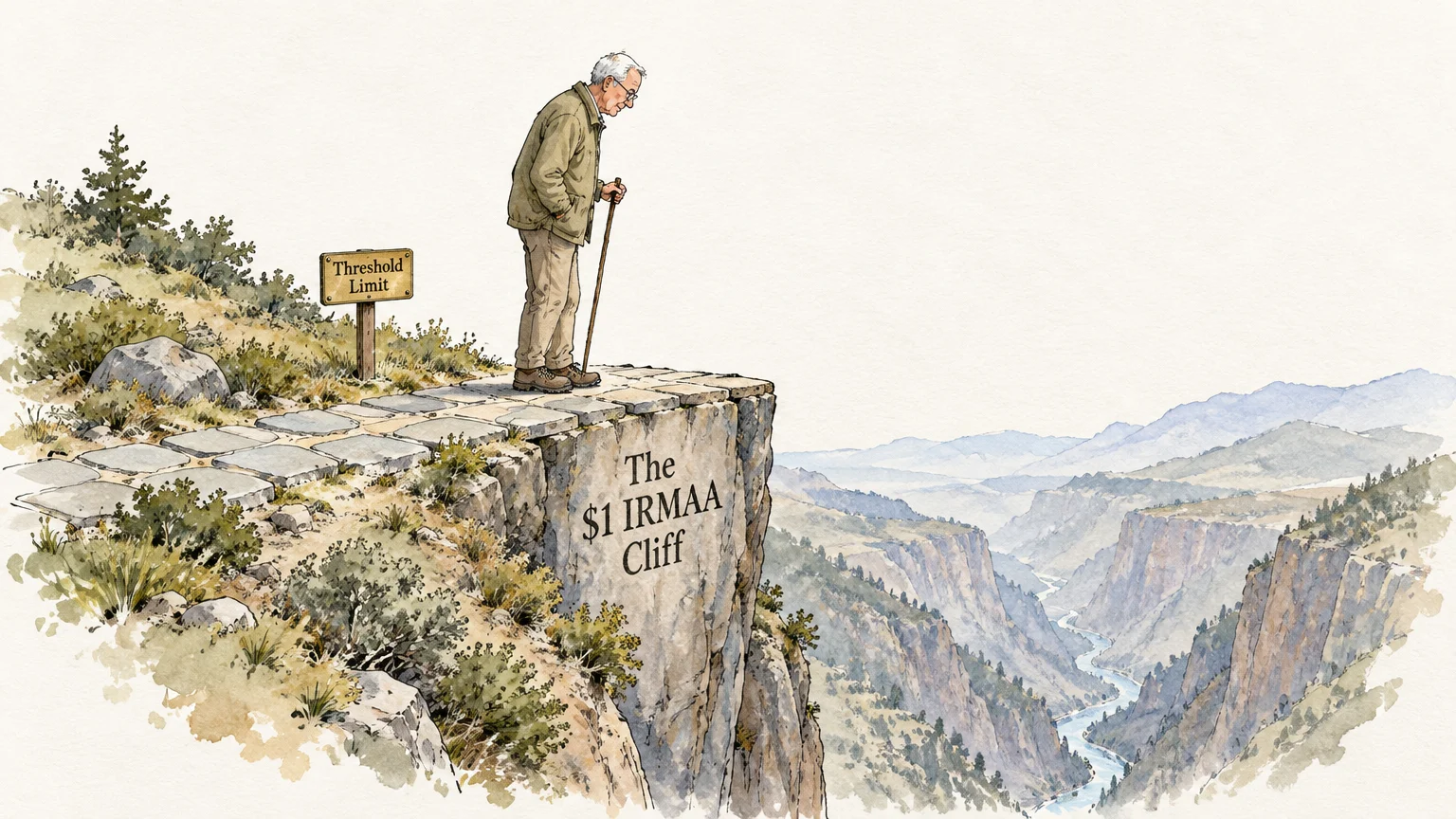 Illustration of an elderly man with a walking cane standing at the edge of a rock cliff labeled The $1 IRMAA Cliff.