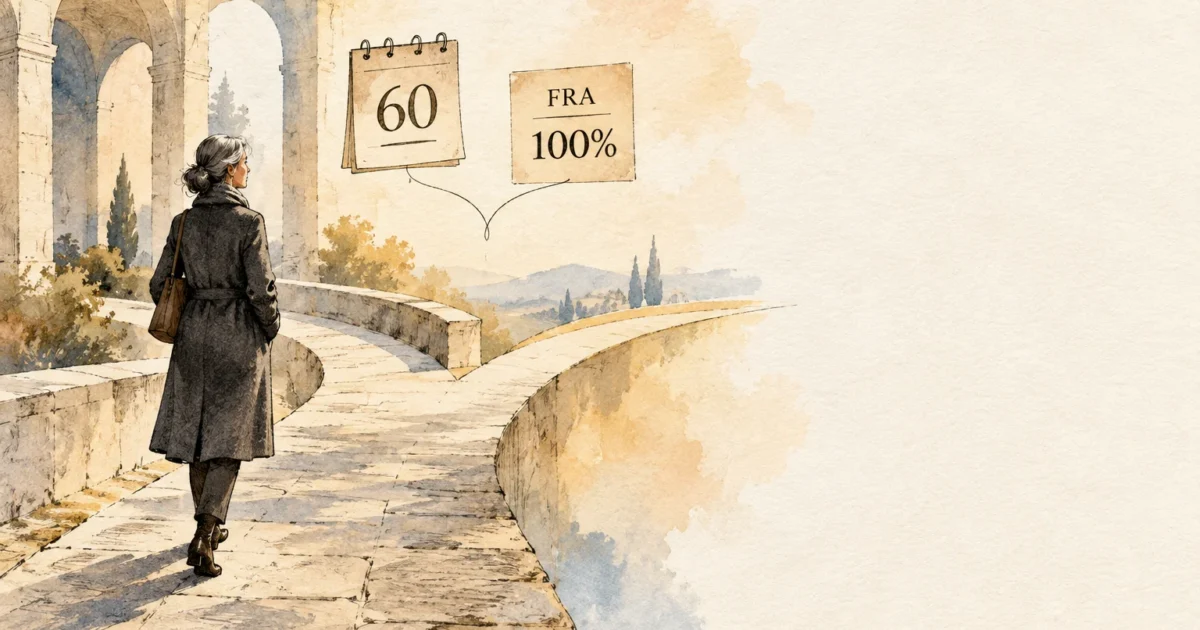 Watercolor illustration of a woman walking toward a fork in a stone path with signs marked 60 and FRA 100%.