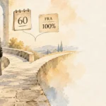 Watercolor illustration of a woman walking toward a fork in a stone path with signs marked 60 and FRA 100%.