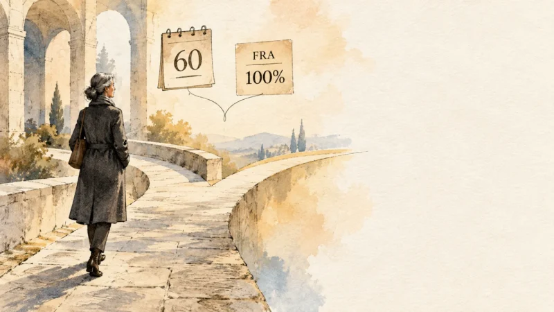 Watercolor illustration of a woman walking toward a fork in a stone path with signs marked 60 and FRA 100%.