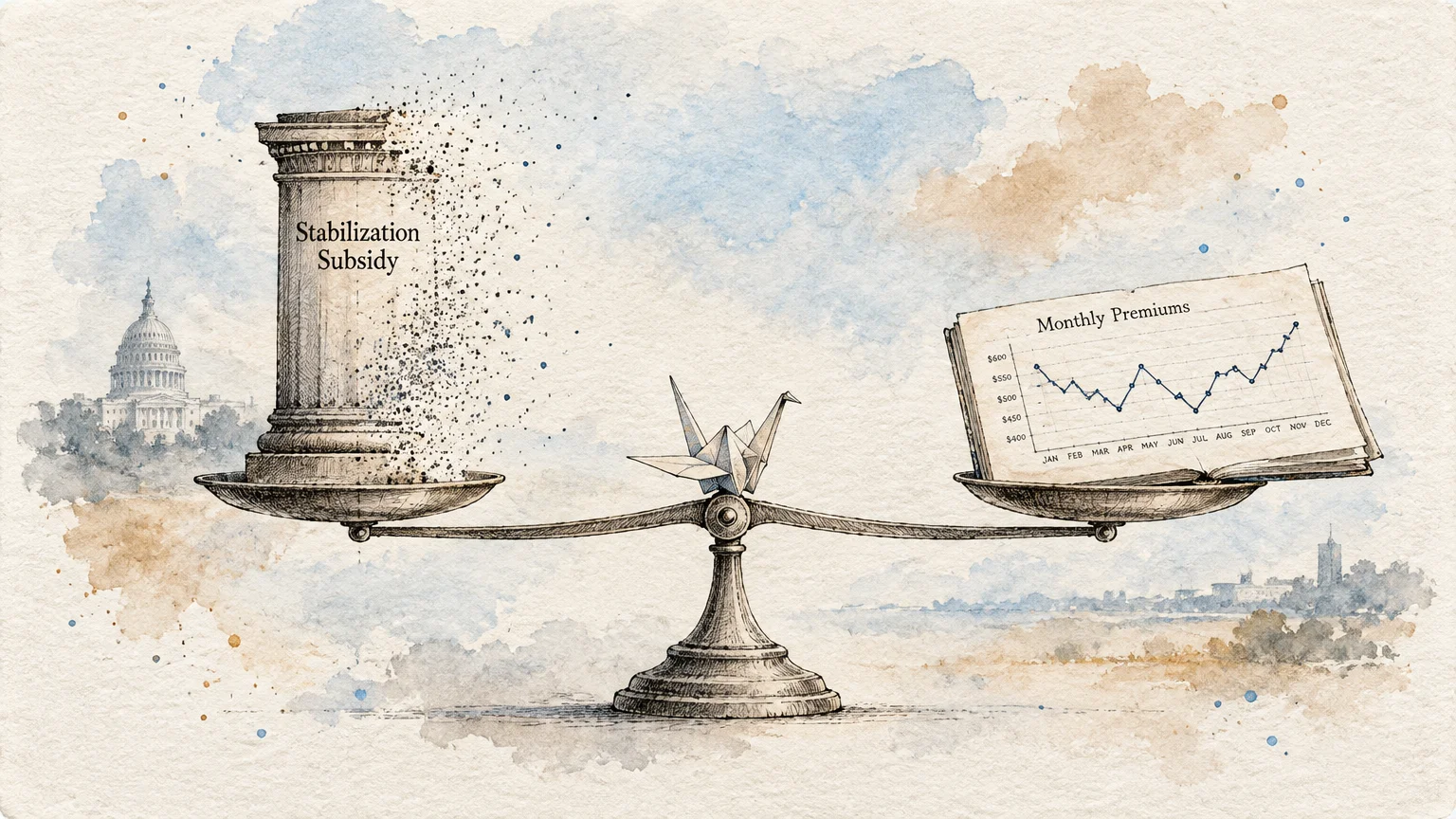 Illustration of a scale balancing a crumbling pillar labeled Stabilization Subsidy and a chart showing rising monthly premiums.