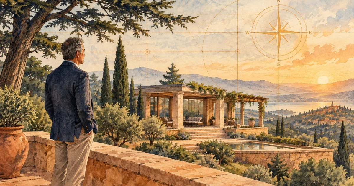 Illustration of a man looking out from a stone terrace over a scenic coastal landscape under a compass rose overlay.