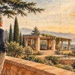Illustration of a man looking out from a stone terrace over a scenic coastal landscape under a compass rose overlay.