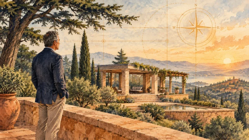 Illustration of a man looking out from a stone terrace over a scenic coastal landscape under a compass rose overlay.