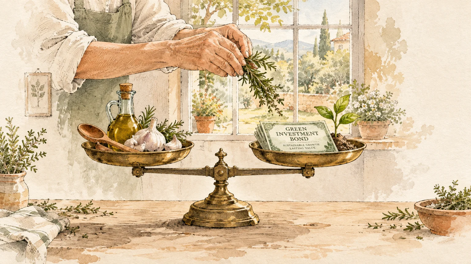 Illustration of hands holding rosemary over a brass scale balancing culinary ingredients and an investment bond.