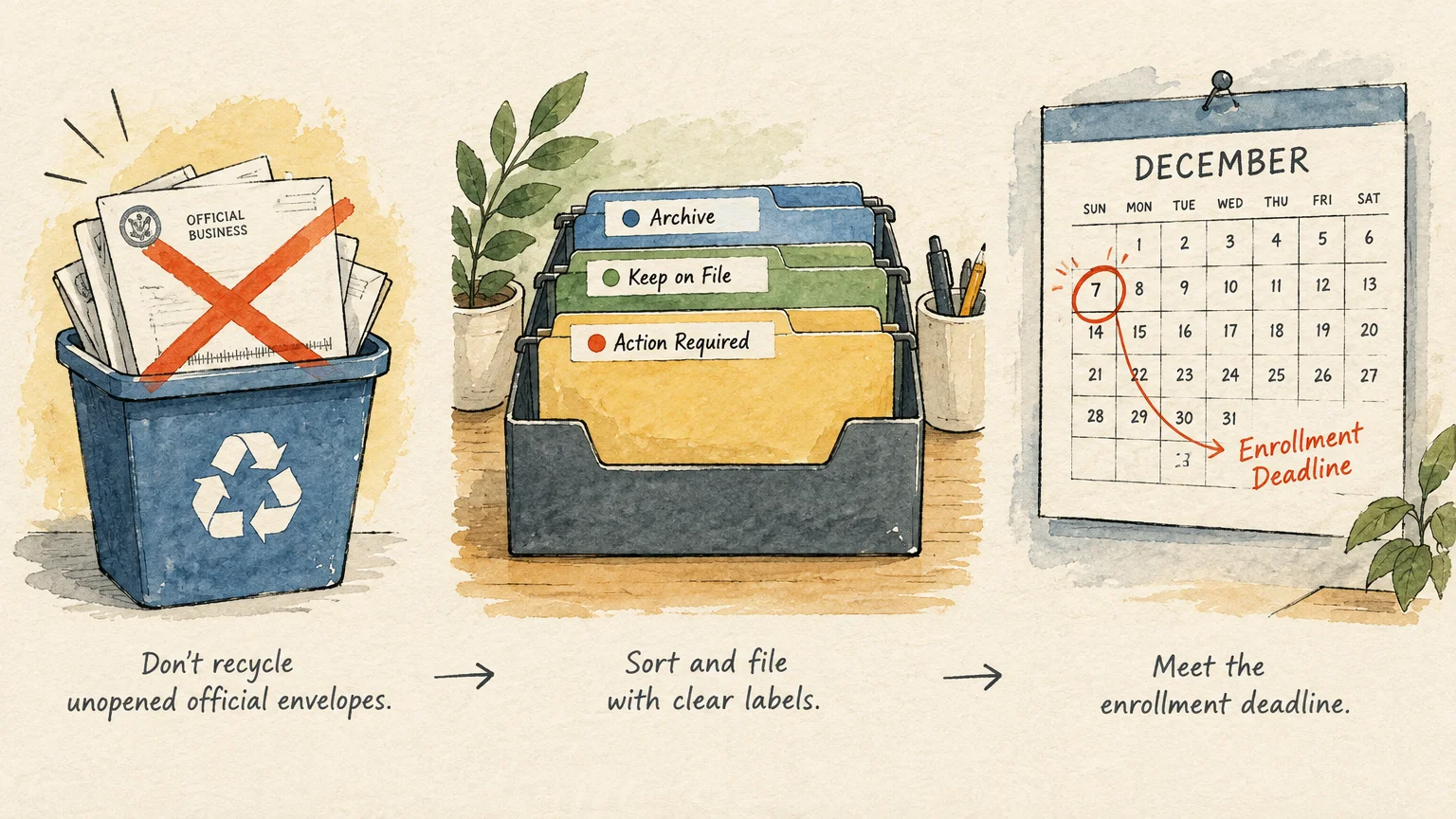 Illustration of a recycling bin with mail, a desktop file organizer with labeled tabs, and a December calendar.