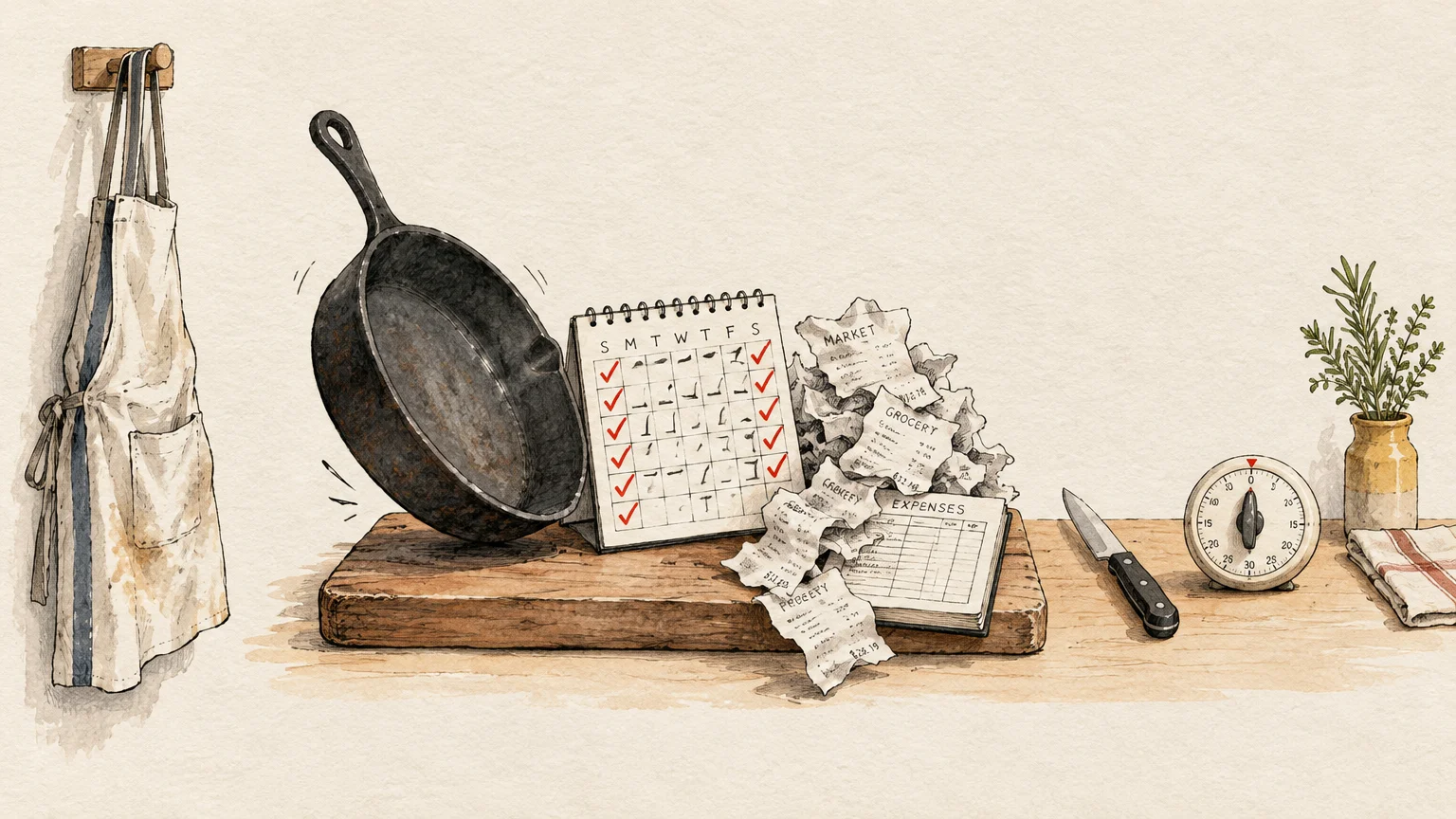 Watercolor illustration of a calendar, cast-iron skillet, receipts, expense ledger, and kitchen timer on a counter.