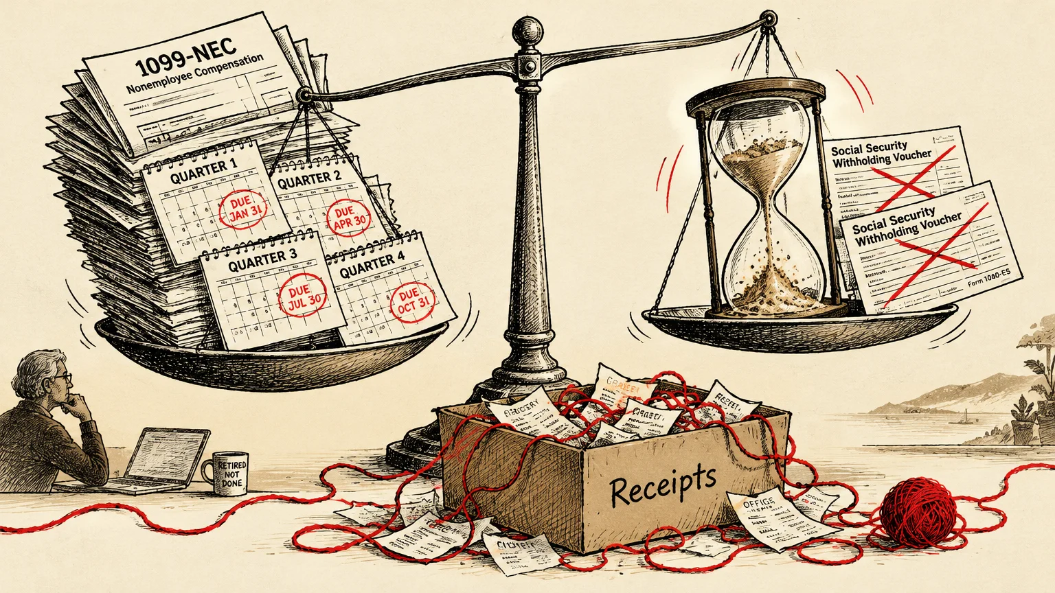 Scale weighing 1099-NEC tax forms and quarterly due dates against an hourglass and crossed-out withholding vouchers.