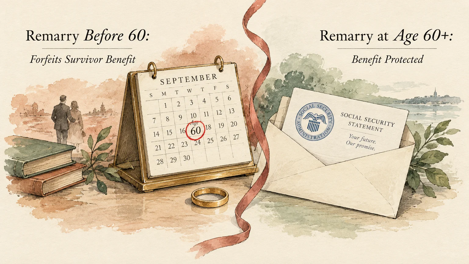 Illustration of a calendar circled at age 60, a gold wedding ring, and a Social Security statement envelope.