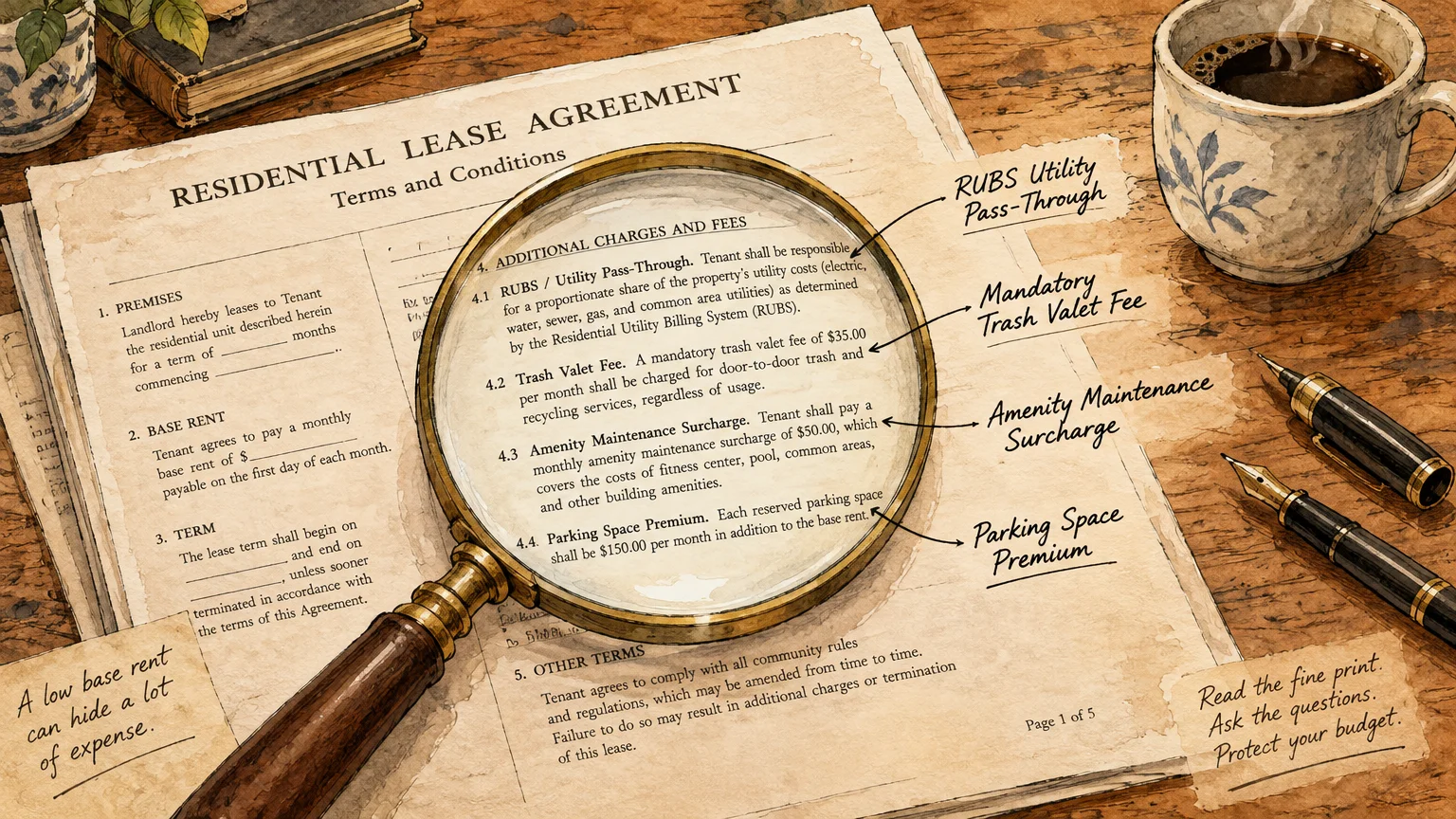 Magnifying glass highlighting extra fees and surcharges on a residential lease agreement next to a teacup and pens.