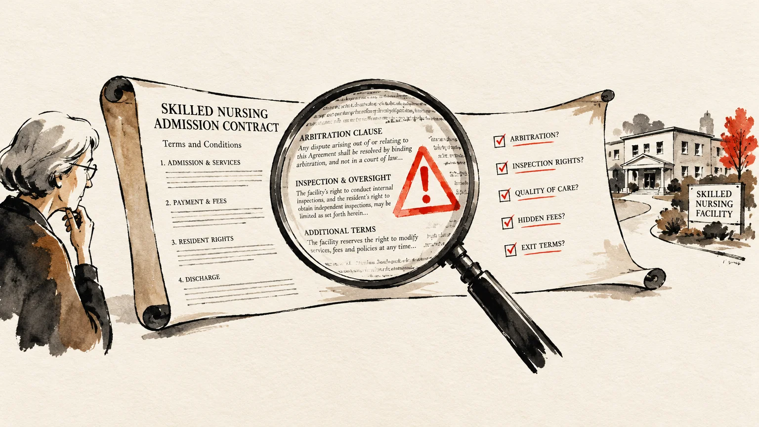 Illustration of a woman reviewing a nursing admission contract under a magnifying glass showing a red warning sign.