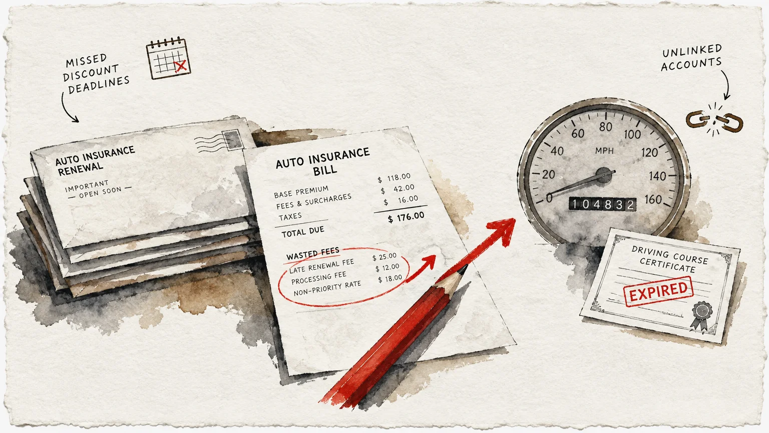 Watercolor illustration of an auto insurance bill with circled fees, renewal letters, speedometer, and expired certificate.