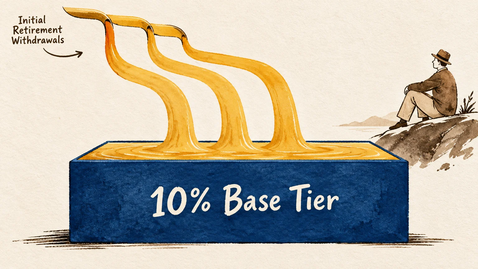 Streams of liquid pour into a blue block labeled 10% Base Tier as a man in a hat sits on a rocky hill watching.