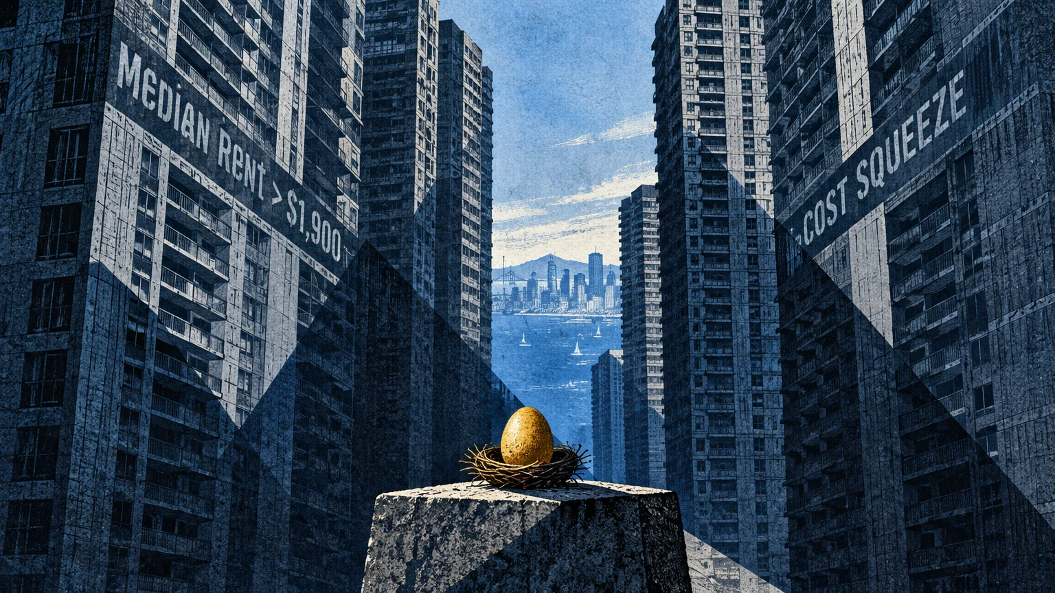 Illustration of towering city apartments framing a golden egg in a nest, with a distant coastal skyline.