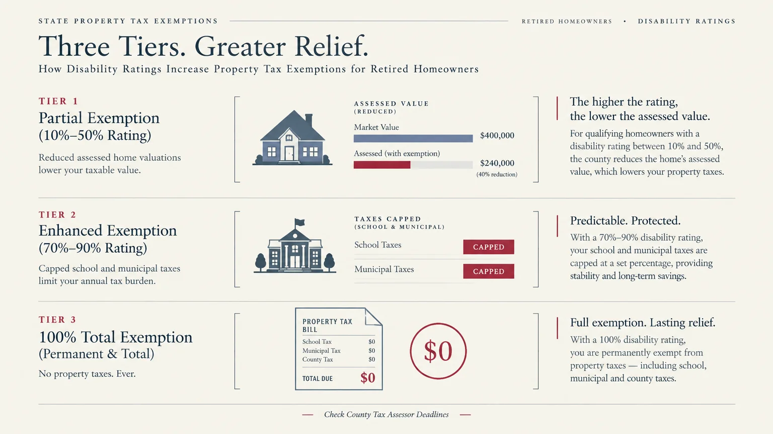 Infographic showing three tiers of state property tax exemptions based on veteran disability ratings, up to a 100% exemption.