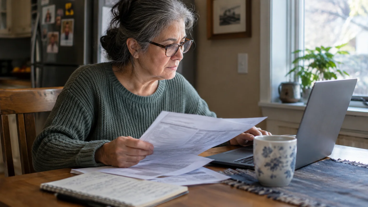 A woman with glasses sitting at a dining table reviews paperwork beside an open laptop and mug.