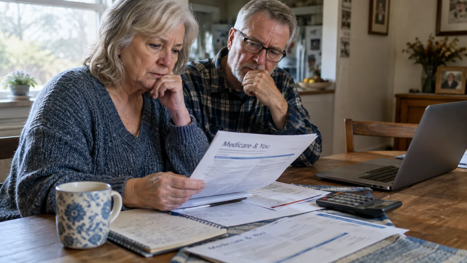 A senior couple sitting at a wooden table looking intently at a printed Medicare and You document beside a laptop.