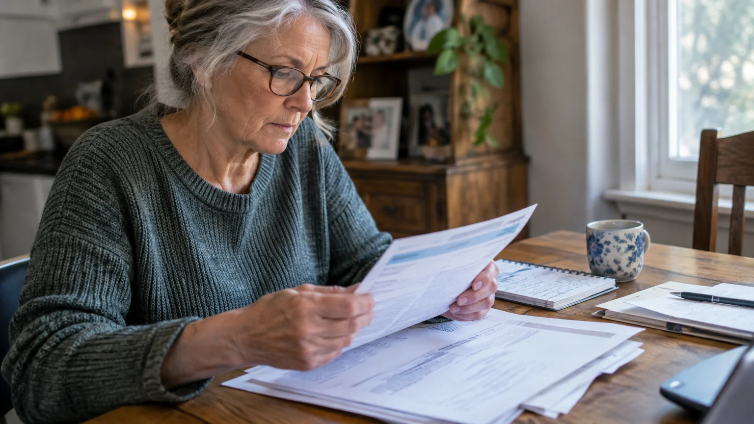 A senior woman with glasses sits at a wooden dining table, carefully reading a printed paper document.