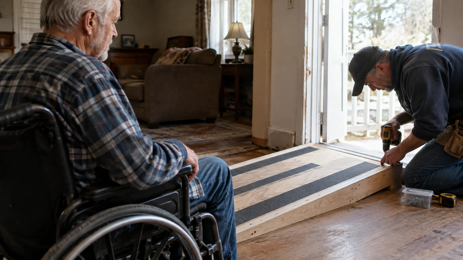A man in a wheelchair watches a worker install a wooden accessibility ramp at an open doorway.