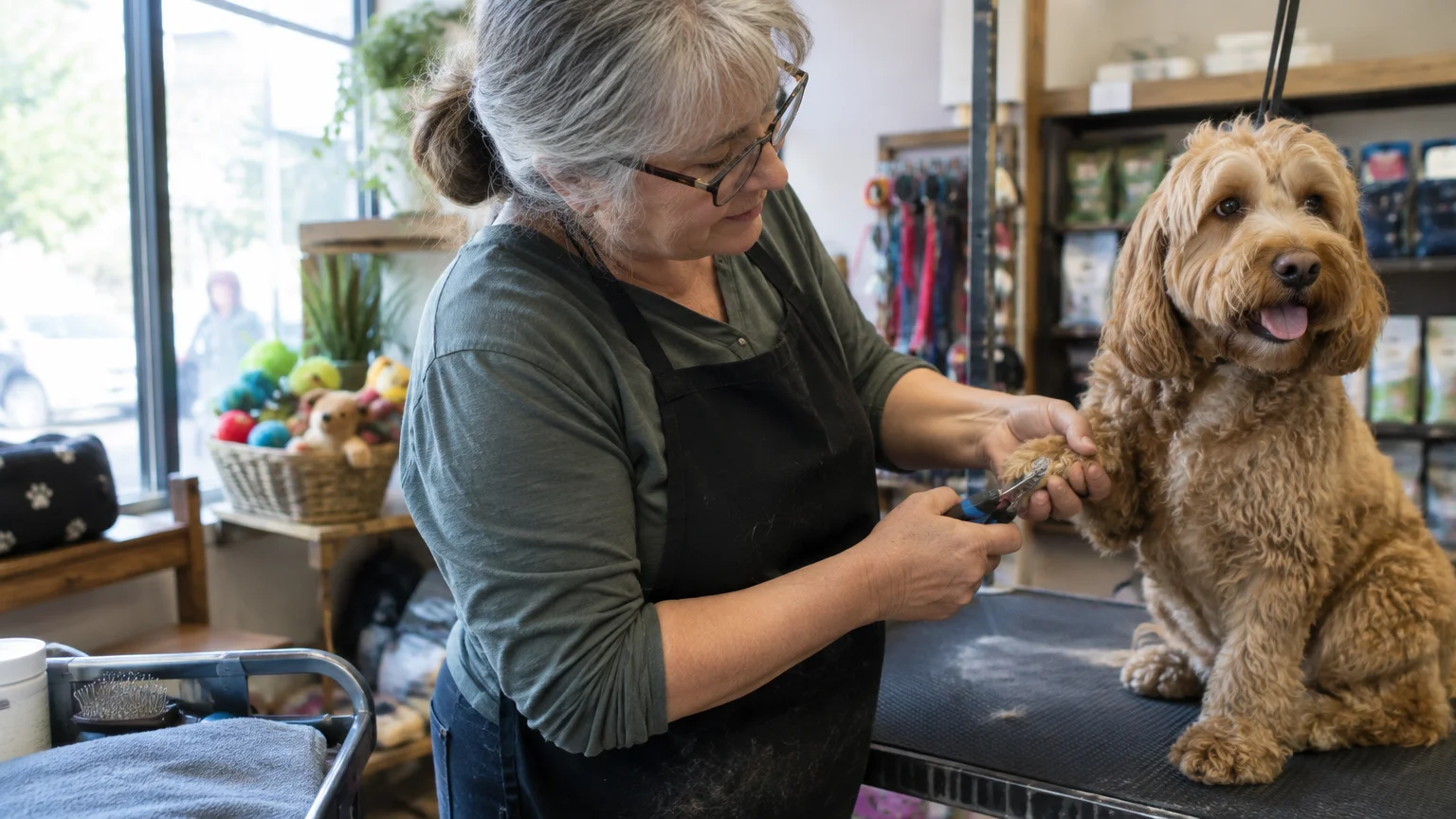 A woman grooming a golden doodle dog's nails on a table in a pet salon.