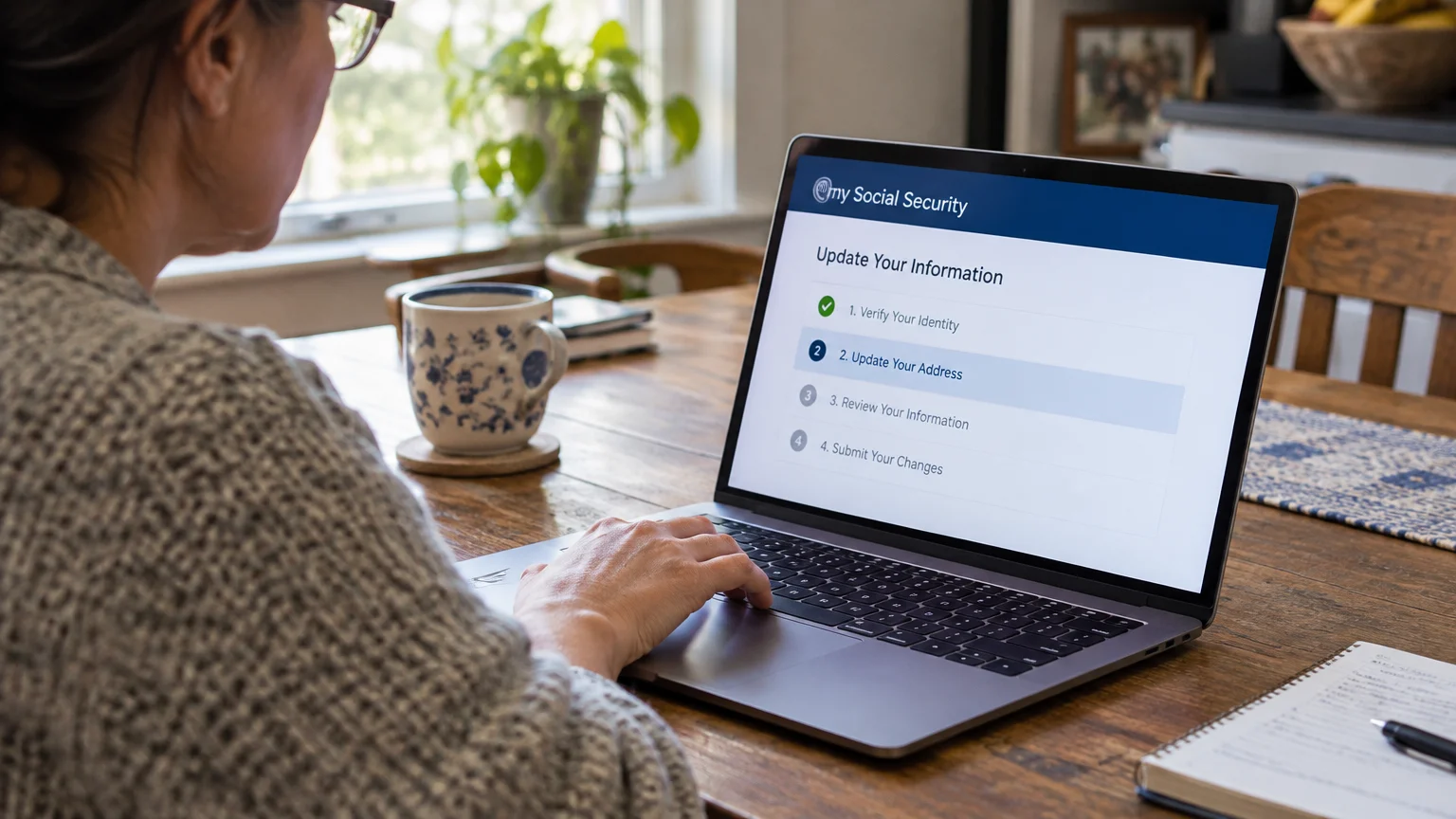 A woman typing on a laptop displaying a my Social Security address update page on a wooden table.