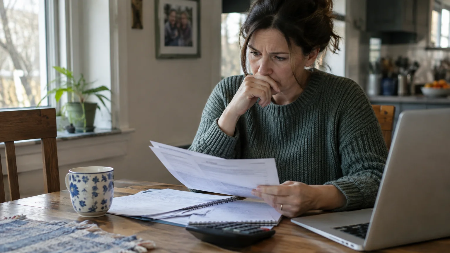 A woman sits at a wooden table looking anxiously at paperwork beside a laptop, calculator, and mug.
