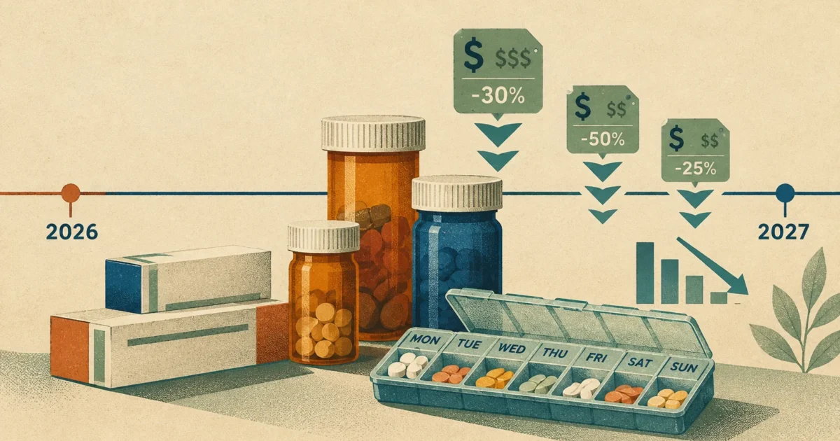Pill bottles, boxes, and a weekly organizer on a timeline between 2026 and 2027 with descending price icons.
