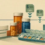 Pill bottles, boxes, and a weekly organizer on a timeline between 2026 and 2027 with descending price icons.