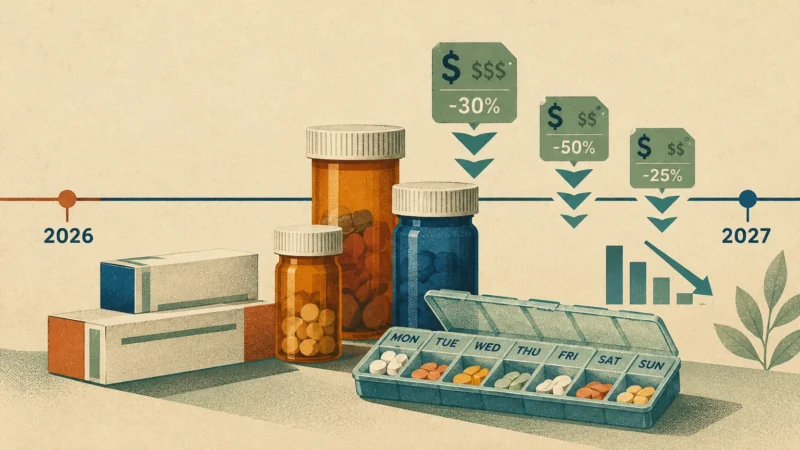Pill bottles, boxes, and a weekly organizer on a timeline between 2026 and 2027 with descending price icons.