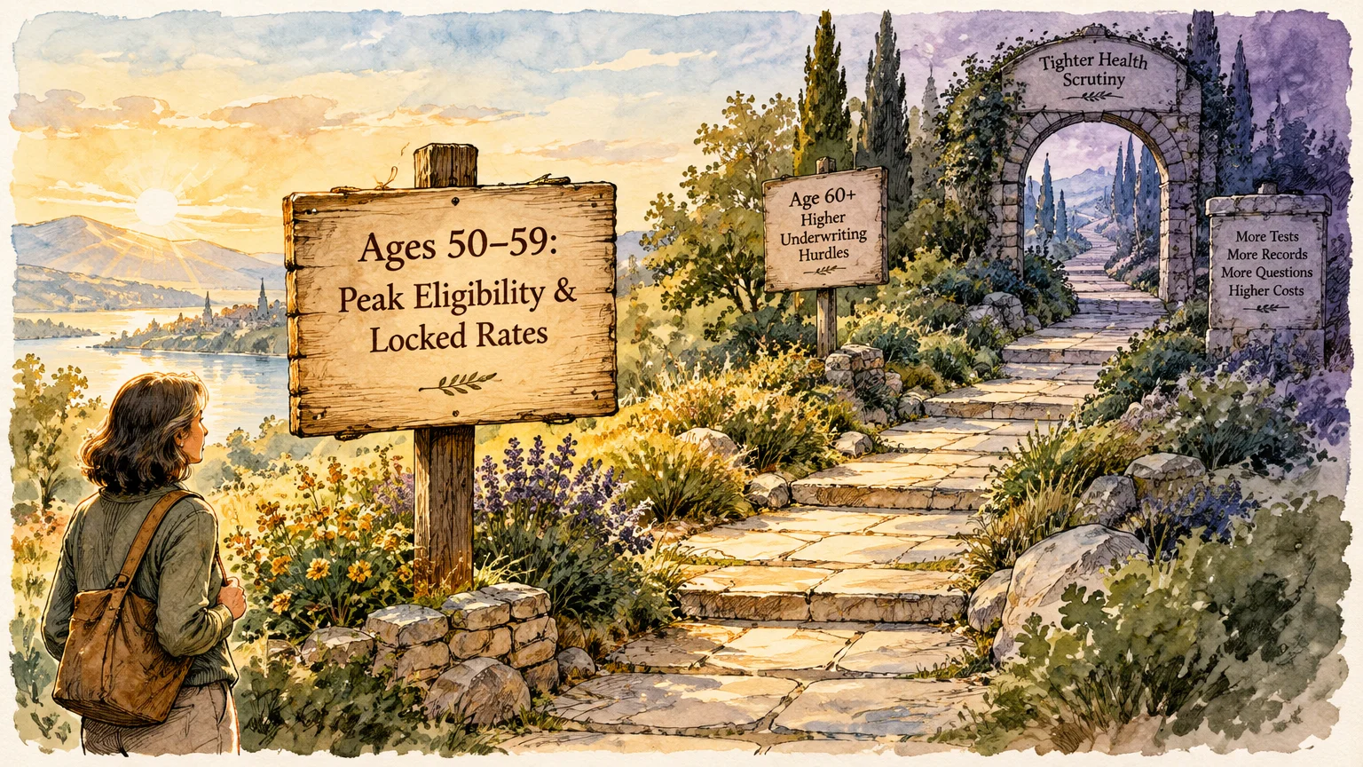 Watercolor of a woman viewing trail signs contrasting peak eligibility at ages 50-59 with higher hurdles after age 60.