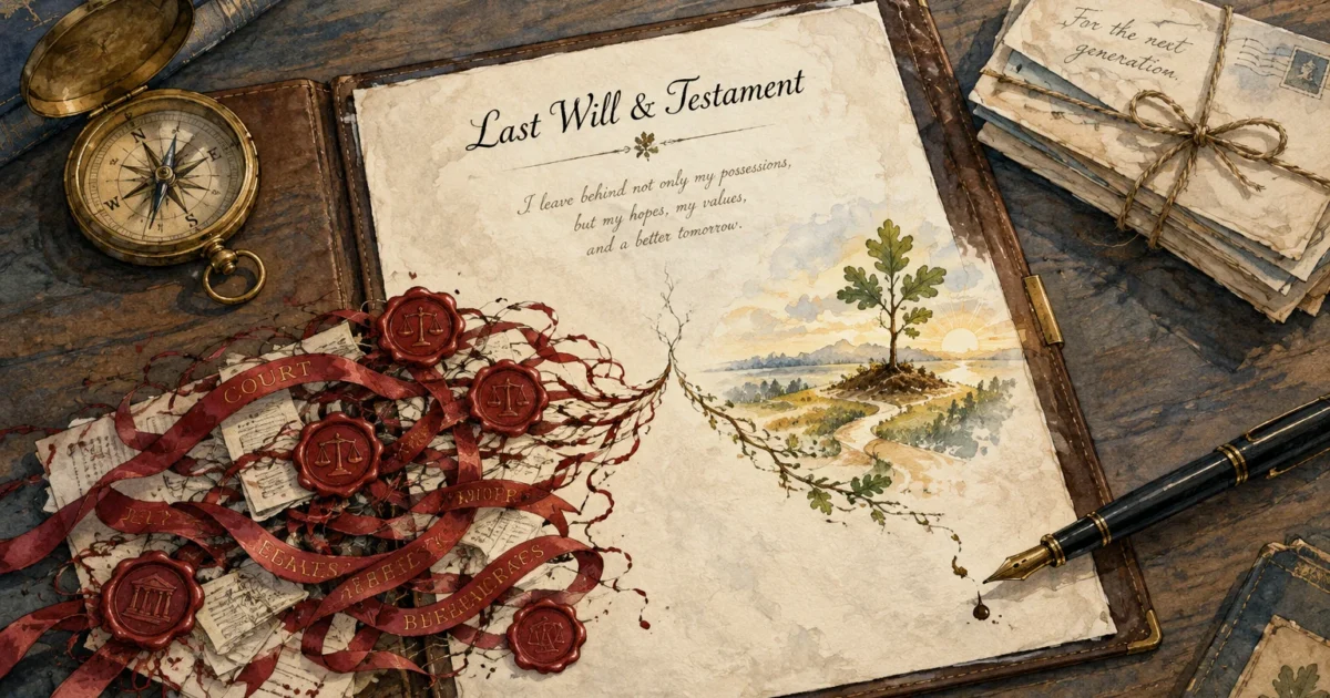 Last Will and Testament document flanked by red wax seals and ribbons, a compass, envelopes, and a fountain pen.