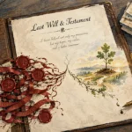 Last Will and Testament document flanked by red wax seals and ribbons, a compass, envelopes, and a fountain pen.