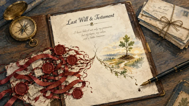 Last Will and Testament document flanked by red wax seals and ribbons, a compass, envelopes, and a fountain pen.