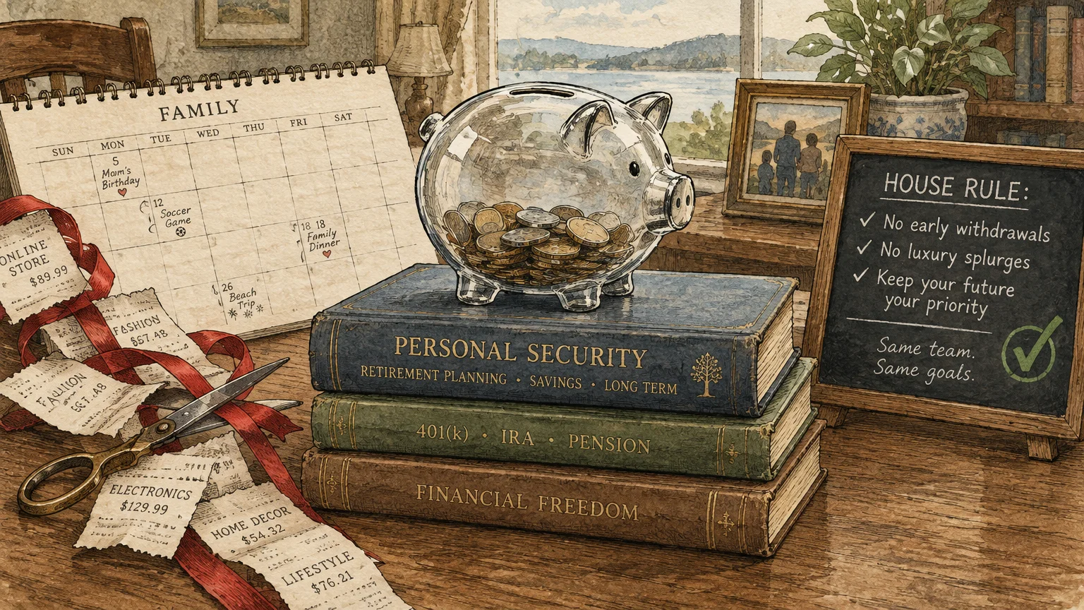 Glass piggy bank on finance books beside cut receipts, a family calendar, and a chalkboard with house rules.