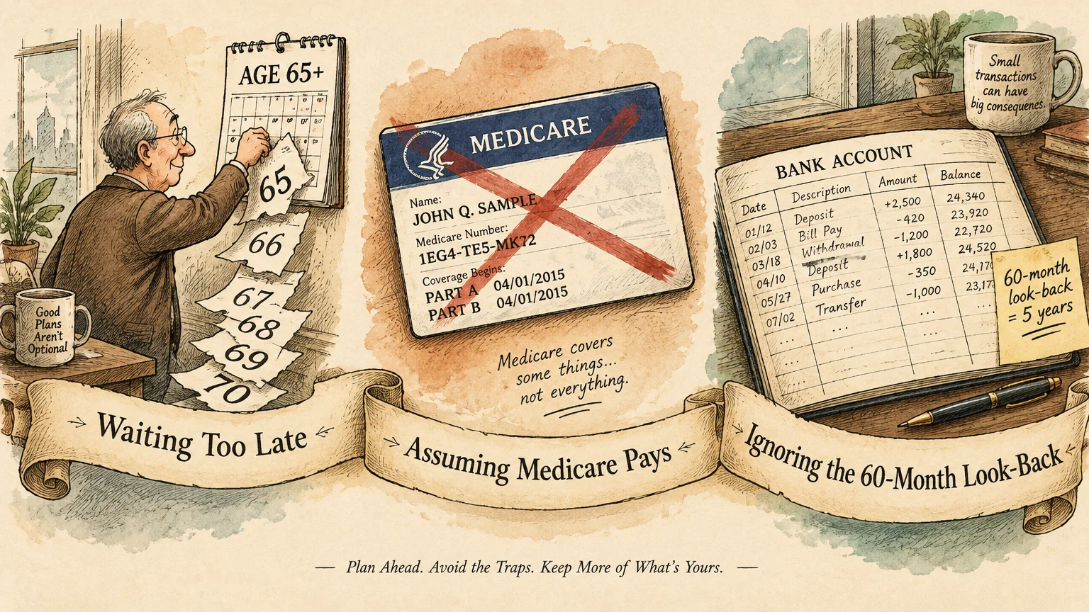 An older man tears calendar pages beside a crossed-out Medicare card and an open bank ledger with a banner below.