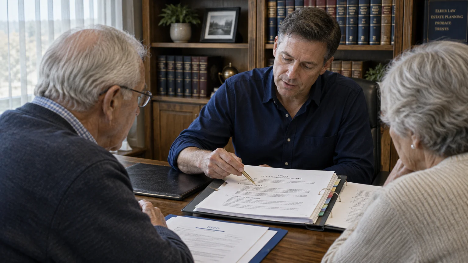 A lawyer reviews estate planning documents at a desk with an older couple in an office lined with books.