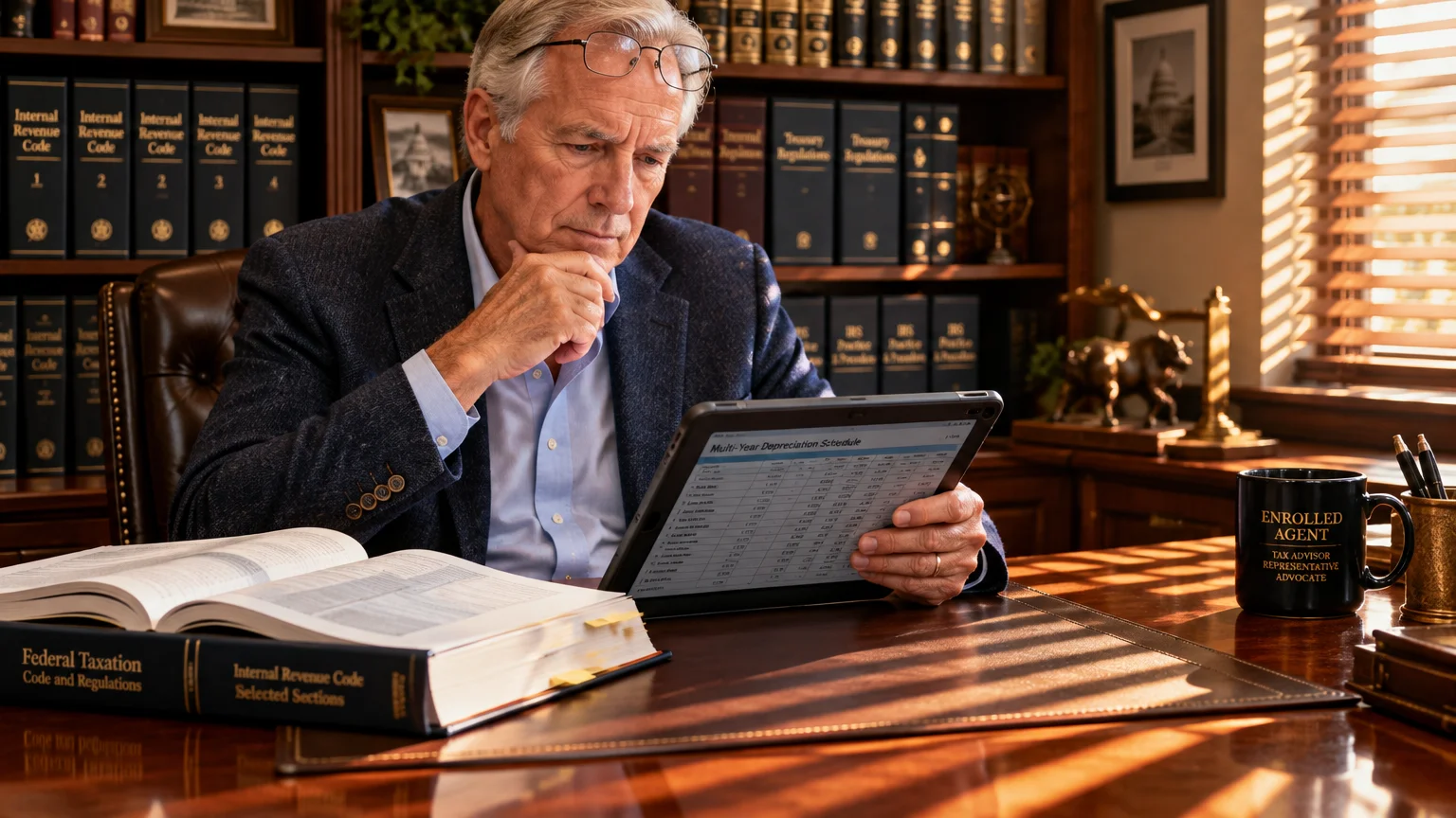 Older man at a wooden desk reviewing a digital tax schedule on a tablet near law books and an Enrolled Agent mug.