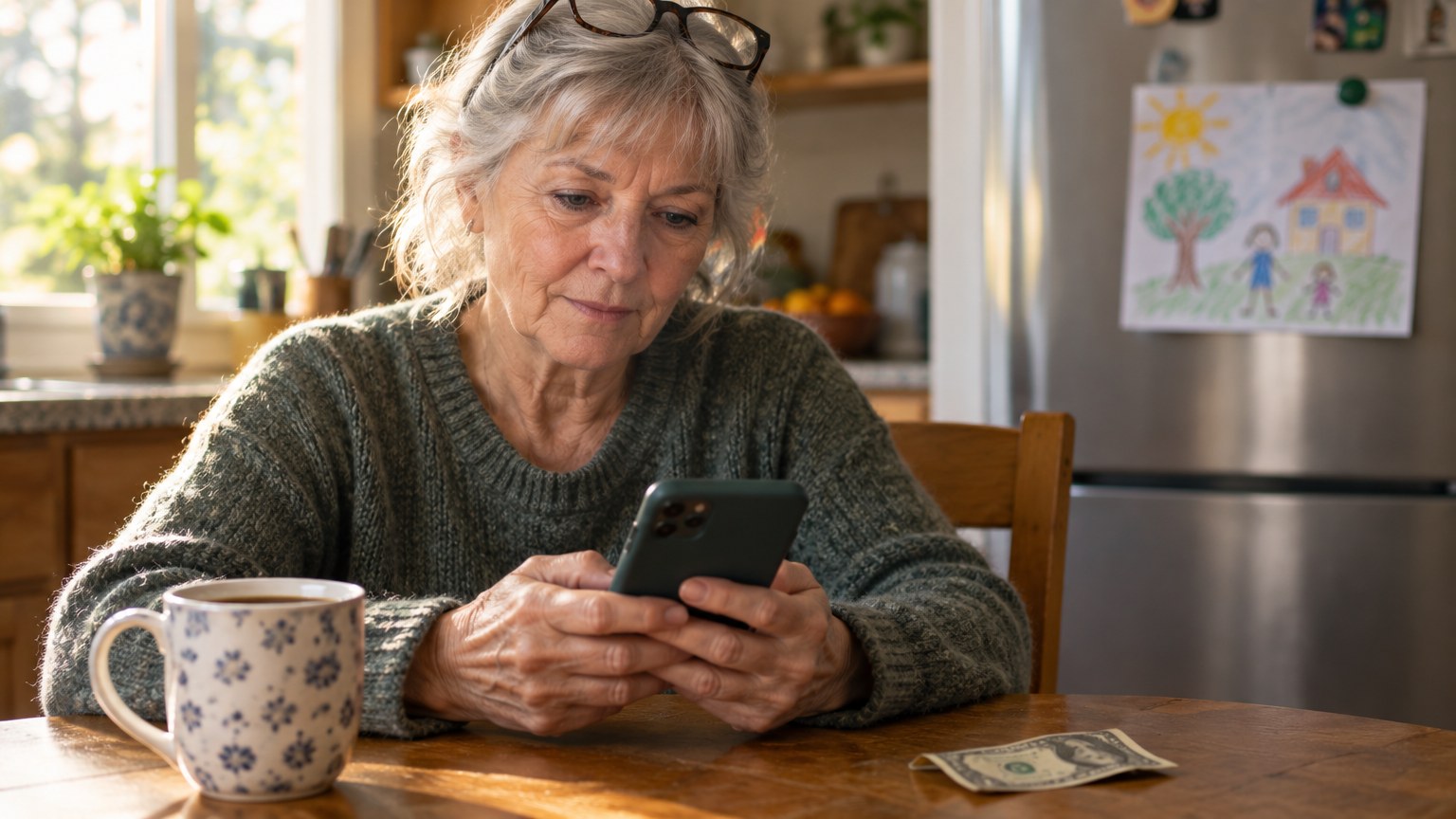A grandmother at her kitchen table holding a smartphone, a folded dollar bill beside her coffee