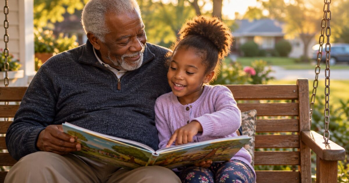 A grandfather and his young granddaughter reading a picture book on a porch swing
