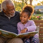 A grandfather and his young granddaughter reading a picture book on a porch swing