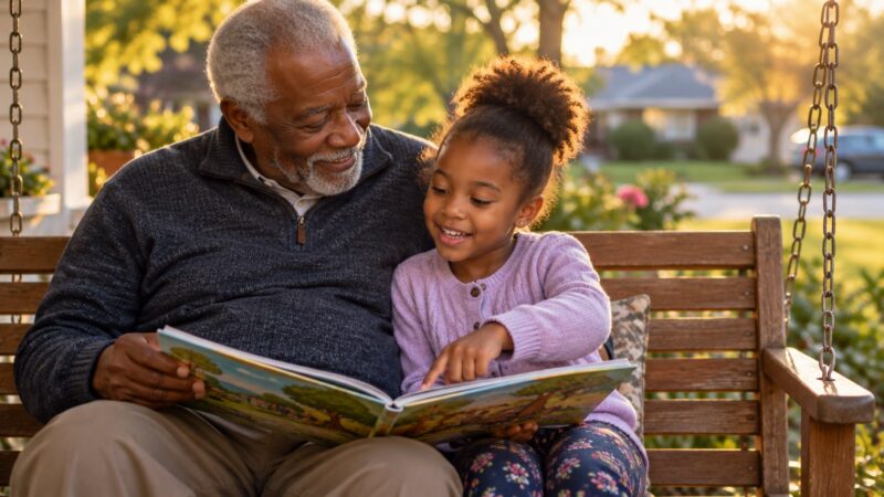 A grandfather and his young granddaughter reading a picture book on a porch swing