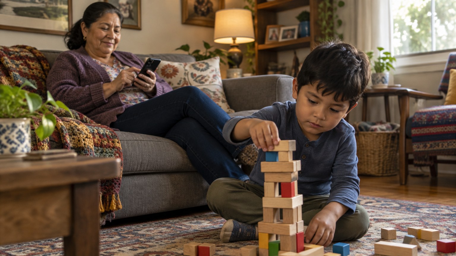 A grandmother on the sofa finishing an application on her phone while her grandson plays with blocks