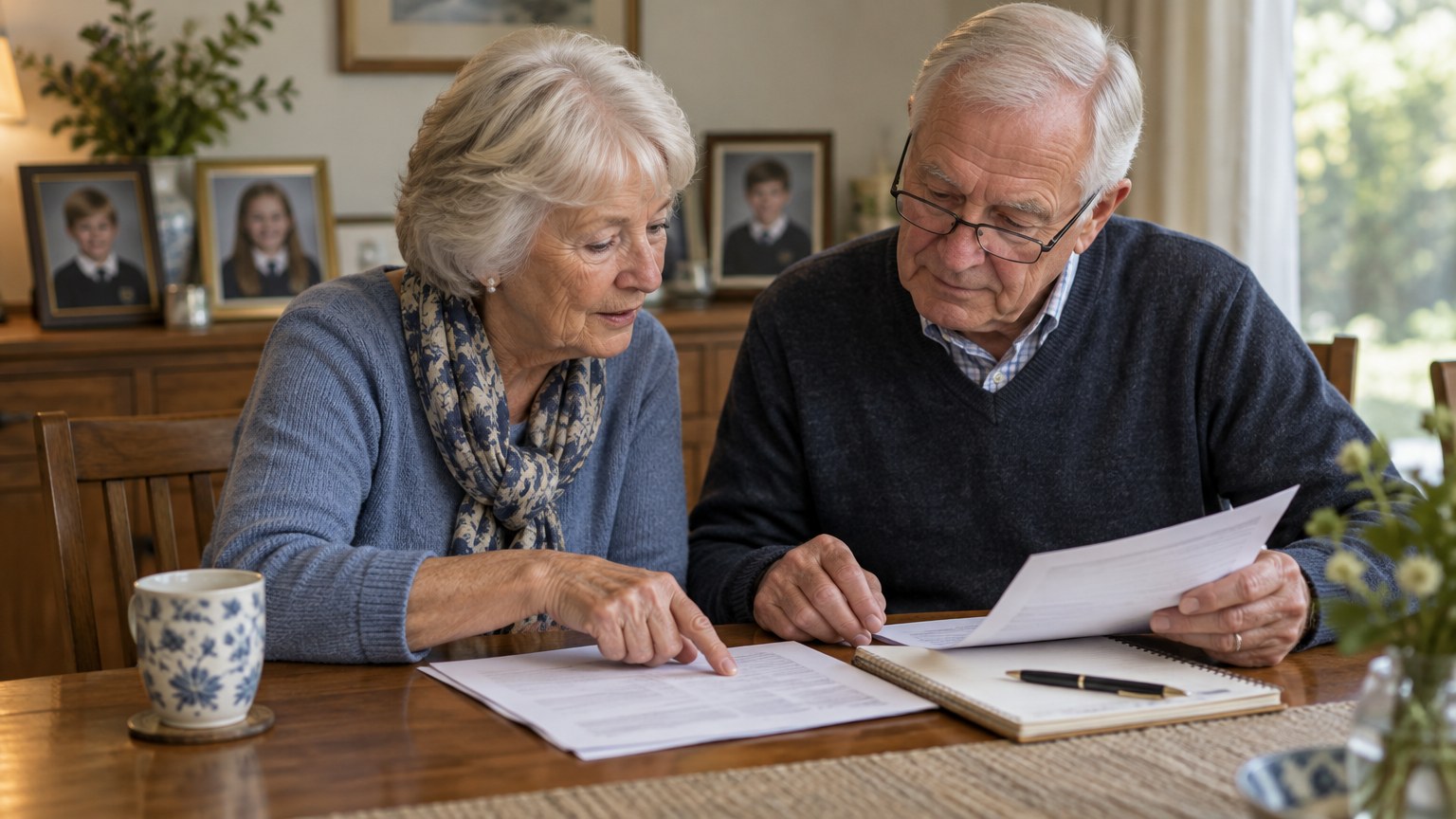 An older couple at their dining table reviewing papers together